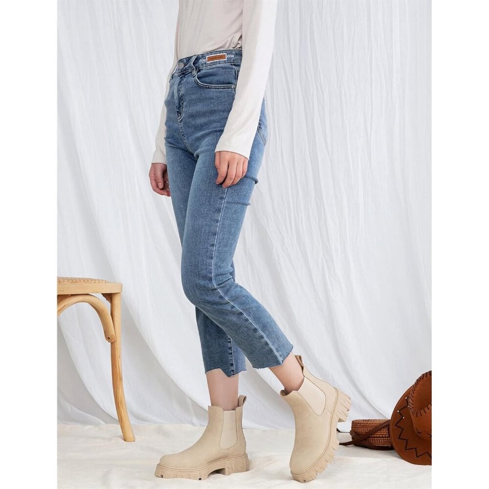 🆕Women Chelsea Lug Sole-9620-beige Synthetic leather Ankle Elastic Band Boot - Picture 13 of 13